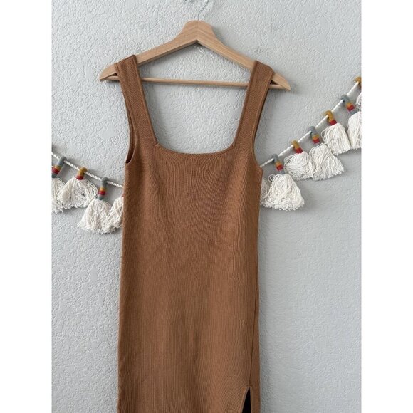 Shona Joy Square Neck Ribbed Knit Sleeveless Midi Dress Camel Neutral Minimalist - Picture 3 of 9